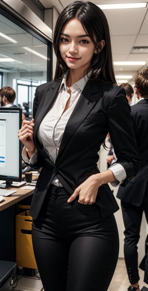 Beautiful woman, Cute Face, Brown eyes, Black hair, long hair, parted lips, fair skin, bright smile, (((breast size 50 inch))), waist 24 inch, hip 42 inch, (((6 foot 5 inch height))),(((wearing black suit over the shirt))), ((White corporate shirt)), (tight fit), Satin silk shirt,(wearing black corporate pants), (tight fit pants), (half body view), Office background, (a little blurry background).