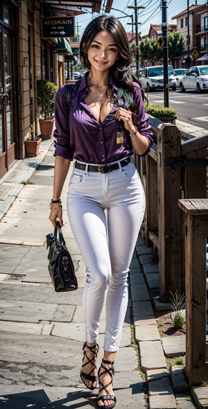 Beautiful woman, cute face, Brown eyes, black hair, long hair, parted lips, lite smile, fair skin, bright smile, breast size H-cup, Cleavage, waist 24 inch, hip 42 inch, wearing corporate shirt,Purple shirt, satin silk shirt, tight fit, tucked in shirt, rolled up sleeves, wearing corporate pants, white pants, office background, full body view, 