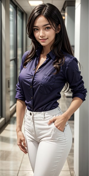 Beautiful woman, cute face, Brown eyes, black hair, long hair, parted lips, lite smile, fair skin, bright smile, breast size H-cup, Cleavage, waist 24 inch, hip 42 inch, wearing corporate shirt,Purple shirt, satin silk shirt, tight fit, tucked in shirt, rolled up sleeves, 3/4 rolled up, wearing corporate pants, white pants, office background, full body view, 