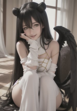 (masterpiece, best quality:1.2), upper full body, solo, 1girl, albedodef, naughty face, smile, looking at viewer, head rest, 3d_(artwork), slit pupils, dress, (white gloves:1.1), black wings, indoors, 