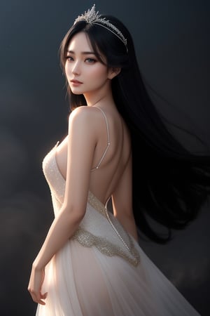  (Glamour photography:1.3) photo of an Asian woman, with long, sleek, black hair, looking dreamily into the distance, upper body framing from waist, wearing a haute couture lace embellished ball gown with soft light, (from a low angle:1.2), shot on a Lumix GH5, with a( dreamy haze filter:1.3), in the style of (David LaChapelle:1.2),anamr,m4d4m