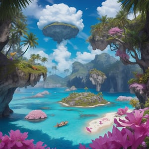paradise island, bright vivid colour, {{{floating islands}}}, {{{masterpiece}}}, {{{best quality}}}, {{{ultra-detailed}}}, {cinematic lighting}, otherworldly, landscape with floating islands, {{{colorful flora}}}, and {{{mystical creatures}}}
shot on a Lumix GH5
