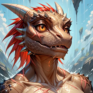 score_9,score_8_up,score_7_up,score_6_up,score_5_up,score_4_up,source_furry,BREAK,furry,anthro,detailed face eyes and scales, in Jagged Portrait art style, a rugged   Argonian with many small scars