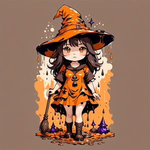 Witch in Ecru Brown color with witch hat witch outfit mud-based and a  wand dripping with mud background muddy rainy day,tshirt design