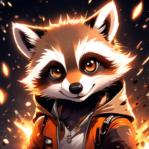 masterpiece quality, light particles, Anime Style., highly detailed,  Rocket Raccoon with orange brown dark-brown and white color palette 

