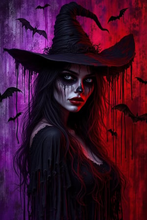 DarkWitch , vivid colors mixed with shadows, purple black and crimson red, dripping, eyes staring, bats flying