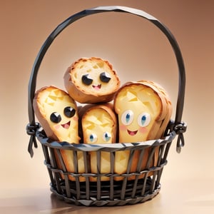 Alinor Bread Basket made of wrought iron and inside is break that is alive with eyes and a silly mouth, in low poli art style
