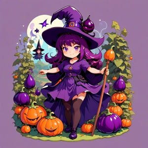Witch in eggplant color with witch hat with a eggplant pin and witch outfit and a wand with a eggplant on it, background garden,tshirt design
