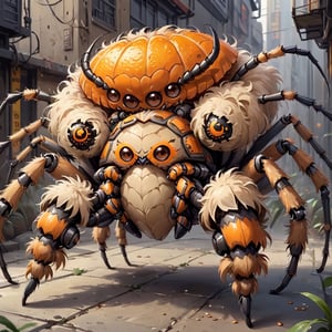 Cute  Bulky spider  with fluffy orange and tan scaled fluff with giant mecha blades and claws on spider legs