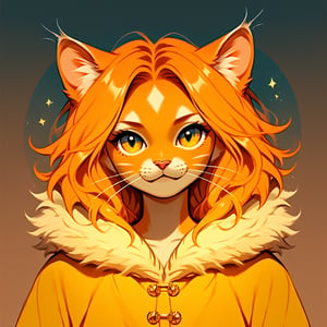 Cat Girl with red-orange fur and spikey whiskers wearing a yellow-orange fuzzy robe, score_6_up,score_7_up,score_8_up,score_9

