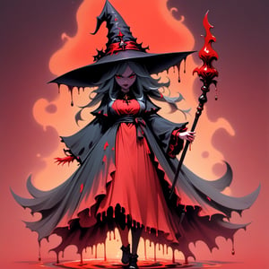 Evil Witch in English vermillion color english style witch hat and witch outfit with a wand made of dripping crimson, background a sea of crimson,NIJI STYLE