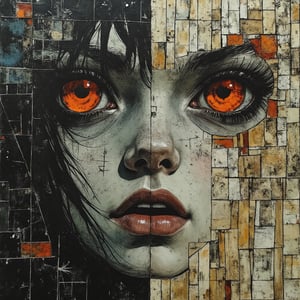 in patchwork collage art style, shattered wood, shards of mirror in which elven eyes stare up glowing with malice,#anda