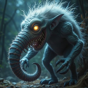 In monster art style, A mimic trunk and inside is a monster with lacy fur and glowing silver eyes