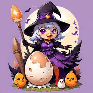 Witch in Eggshell color with chicken feathered witch hat and witch outfit and a wand with a egg on it, background chicken coop,tshirt design