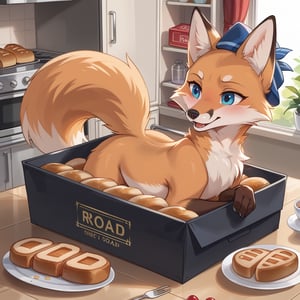 In Fox art style, a iron bread box with swirls and inside is a fox loaf