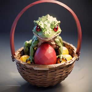 Argonian Basket Serving with a egg on it the egg as evil eyes and crimson red yolk, in low poly art style
