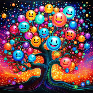 tree full of grinning orbs in iridescent art style
