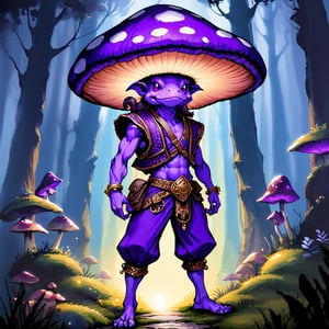Kobold Wearing Vishnu Vest with rich purple and deep purple colors with black trim and white clasps and dark purple pants, background giant mushroom forest at night glowing, in watercolor painting art style
