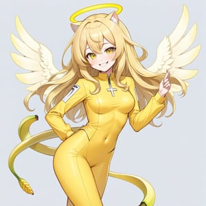 Feline-like with body length hair and a killer smile in banana-yellow outfit in Angel art style