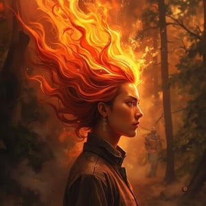 Forest Fire hair style, stiff locks of hair, orange red and yellow-orange flames, smoke and ash,bukukomik