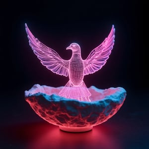 In wireframe art style, a shallow limestone bowl with a bird with outstretched wings,Neon Glow,Holographic Network