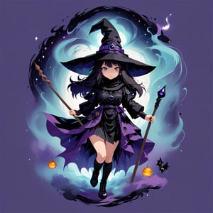 Witch in Eerie black color with Void and Abyss style witch hat and witch outfit and a  wand with a black hole swirling around it, background space,tshirt design