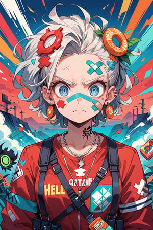 score_9,score_8_up,score_7_up, BREAK,colorful,jewelry, sticker,hair ornament, ear piercing,tattoo, ring, bandaid on face, necklace, helldiver with orange-gold red and teal color palette
