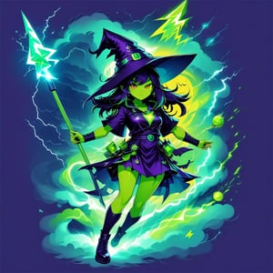 Witch in Electric lime color witch hat and witch outfit electrified and a wand with a lightning lime on it, background futuristic storm
,tshirt design
