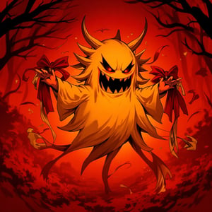 Halloween anime style,Halloween red atmosphere , yellow demonic ghost with bells and japanese ribbons