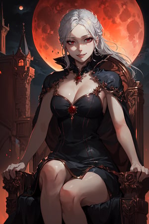 ((Masterpiece best quality highres:1.4), ((little close up, upper body, low angle)), a beautiful korean woman, (vampire woman, white hair), wearing a black tight dress, (smug face, looking down:1.4), little fangs, seductive eyes, sitting sensually on her throne, (hight detail throne, made of dark metal and blood), ((resting her head with her hand)), a big blood moon stand in the night sky, victorian castle on the background, fantasy masterpiece, Greg Rutkowski 