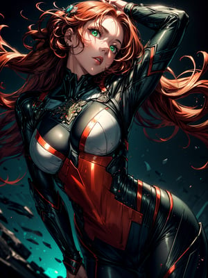 ((masterpiece, best quality, highres:1.2)) centered, close up, 1girl, young, redhead, flowing hair, long hair, glossy lips, closed mouth, glowing green eyes, looking at the camera, head ornament, intricate metal geared armor, dynamic pose, slander body, soft edges, thick lineart, hard light, dual tone light source, colorful set,Detailedface