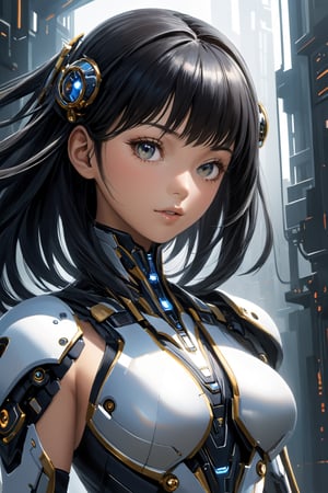 A captivating close-up anime portrait featuring an Asian woman adorned in an advanced nanotech armor. Her enigmatic gaze holds a blend of determination and mystery, captivating the viewer. The armor, a seamless fusion of technology and elegance, hugs her form gracefully, reflecting a futuristic aesthetic. The play of light and shadows on the sleek armor surface emphasizes its fine details, giving it a three-dimensional depth. Her eyes, with a touch of cybernetic augmentation, exude a soft yet powerful glow, hinting at her connection to the technological world. The artwork should encapsulate the essence of artists like Akihiko Yoshida and Tony Taka, fusing anime-style aesthetics with a touch of cyberpunk. The armor's intricate design, akin to H.R. Giger's biomechanical art, should be prominently showcased, accentuating the fusion of organic and synthetic elements. The background could be a subtle holographic display of futuristic cityscapes or a dimly lit tech lab. Technical specifications include a minimum of 1080p resolution, vibrant color palette, sharp details, and a focus on the interplay of light and reflection's 