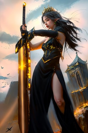 Masterpiece, best quality, (dynamic, profile, full body:1.3), ((oil painting style)), An oil painting, from the Renaissance era of a asian girl, (((korean girl))), holding a sword, weapon, wearing a floating red dress, (elf ears, green eyes, glowing eye) dynamic pose, majestic, crown, space_hair, fallen, (victorian buildings background), upper body, (closed mouth:1.2), looking at viewer, dynamic pose, cute expression, gray theme, cloud ,mikudef, BREAK golden hour, castle background,Wlop,face,Detailedface