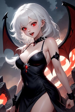 ((Masterpiece best quality highres:1.4), ((close up, upper body, low angle)), a beautiful korean woman, (vampire woman, white hair), little fangs, seductive eyes, (smirk face, looking down:1.4), wearing a suggestive black tight dress, (dynamic pose, fight stance:1.4), a big blood moon stand in the night sky, magma and rocks on the background, fantasy masterpiece,