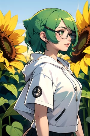 1girl, sideview, profile, smirk, lust, wearing a white techwear shirt, techwear skirt, green hair, cybernetic glasses, wearing a hood, hoodie on, glowing green eyes, sunflower field in the background 