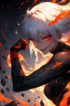 ((Masterpiece best quality highres:1.4), ((close up, upper body, low angle)), a beautiful korean woman, (vampire woman, white hair),  little fangs, seductive eyes, (smirk face, looking down:1.4), wearing a suggestive black tight dress, (dynamic pose, fight stance:1.4), a big blood moon stand in the night sky, magma and rocks on the background, fantasy masterpiece, Greg Rutkowski,r1ge