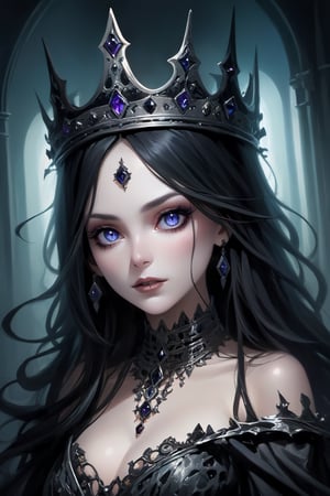 Close-up portrait of a hauntingly beautiful woman with a regal presence, embodying the essence of a Lich Queen Necromancer. Her piercing eyes, radiating an otherworldly glow, fixate on the viewer with an unsettling allure. Wisps of ethereal, smoky hair cascade around her skeletal face, intertwining with her dark, ornate crown adorned with sinister gems. The intricate patterns of decay on her skin tell a tale of ancient power and necromantic mastery. The scene is suffused with a spectral light, casting dramatic shadows that enhance the aura of dark majesty. The composition should resonate with the artistry of Luis Royo, Brom, and Chris Cold, fusing elements of gothic horror and fantasy. The image demands meticulous attention to detail, capturing every nuance of the subject's undead beauty and the arcane symbols etched into her crown. The artwork should be grand and cinematic, suitable for large prints or digital displays. Pay extra attention to the fine lines, textures, and intricate shading to bring out the lifelike qualities of this eerie and captivating character. Technical specifications include a minimum of 4K resolution, photorealistic quality, high contrast, and a focus on shadow play,Leonardo Style, illustration 