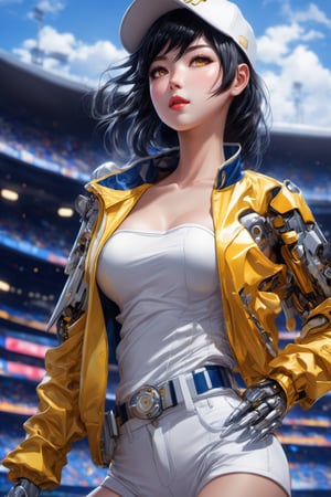 Anime, illustration, a sexy girl, ([hand up : (cyborg style, delicate mechanical arm:1.4) : 18]), asian, glossy lips, blushing, light smile, yellow eyes, big breasts, wearing a white and yellow baseball jacket, baseball cap, BREAK [baseball stadium background | vibrant flat color background], Detailedface,