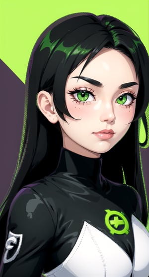 sticker, gaming logo, icon logo, logo design, black and white, green and purple background, vector art, 3d, flat vector, illustration, design, creative, woman, green eyes, upper body, focus on face, Roblox style, dark black hair, long hair, modern fashion outfit, anime cartoon style,