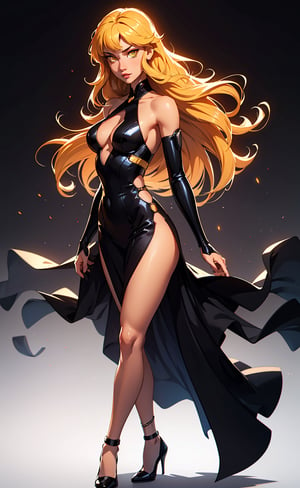 One woman, (black background), long-hair, past-the-wiste, long_hair, yellow_eyes, golden hair with bangs, Sasa Deep V-neckline High Slit Cut Out Dress, perfect legs, perfect ass, perfect hands, seductive look, sexy eyes, looking at viewer, full_body, cyborg dress