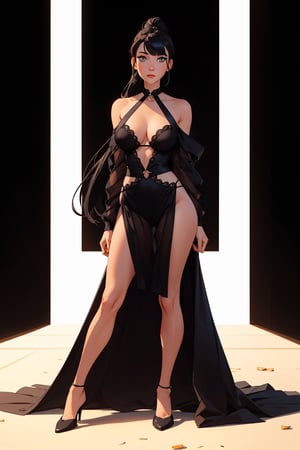 1woman, black background, long-hair, past-the-wiste, hair in a bun, big breasts, black hair with bangs, Solid Halter Cover Up Dress, perfect ass, perfect hands, seductive look, sexy eyes, looking at viewer, full_body,SAM YANG