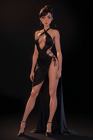 1woman, black background, long-hair, past-the-wiste, hair in a bun, black hair with bangs, SXY Draped Criss Cross Dress, showing off her body, perfect body, perfect legs, perfect ass, perfect hands, seductive look, sexy eyes, looking at viewer, full_body,SAM YANG