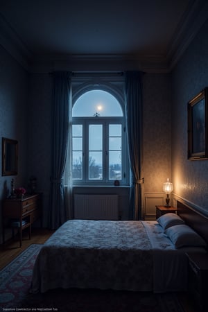 A storyboard illustration of a bedroom at night, with cold moonlight shining through the window and warm candlelight illuminating the room. The scene is highly detailed and realistic, with intricate textures and lighting effects. Created by storyboard artist Alex Tuis for a film or TV project