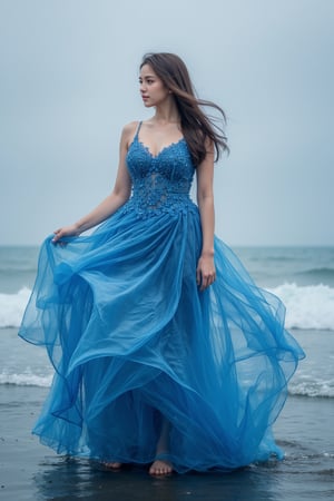 a woman in a blue dress is standing in the ocean, digital art by Alexander Kucharsky, cgsociety contest winner, fantasy art, goddess of the ocean, goddess of the sea, real photoshoot queen of oceans, blue swirling dress, wearing a dress made of water, dress made of water, flowing gown, fantasy photography, beautiful fantasy art, flowing dress