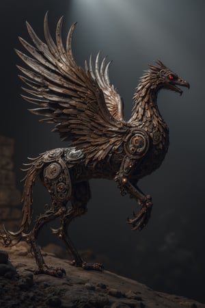 A griffin,made from gears rusted metal, and glowing parts, with its wings spread wide. The griffin's body is an intricate assembly of interlocking gears and corroded metal plates, giving it a rugged, industrial appearance. Its eyes and certain joints feature glowing, luminescent elements that pulse with an eerie light. The wings, constructed from overlapping metal feathers, are extended majestically, each feather adorned with tiny, glowing circuits. The background is a dark, misty landscape with hints of ancient ruins, enhancing the mythical and mechanical nature of this fantastical creature,adding to the steampunk atmosphere.",Mechanical