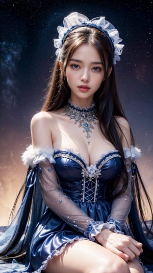 4K Ultra HD, Masterpiece, A girl with a magical aura, Good face, Long hair, shinny hair, Detailed eyes, Glossy lips, blue Lolita costume, The aura around the body, Magical effect, Spread white light, Cosmic elements and ethereal atmosphere, A mix of bright lights and colorful nebulae, universe background, Perfect body, sitting,