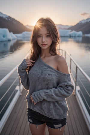 (32K resolution, masterpiece, ultra high quality, best quality, ultra high definition, perfect anatomy, Incredibly detailed, RAW, ultra super realistic, photorealistic, cinematic lighting, exquisitely detailed, extremely intricate, 8k UHD, high resolution), (1girl), petite, wearing a one shoulder sweater and shorts, perfect detailed expressive eyes, highly detailed beautiful expressive eyes, detailed eyes. Standing on the deck of a luxury yacht in the arctic. facing camera. vast open view in the background, ocean, glaciers, sunset, dynamic vivid colors.