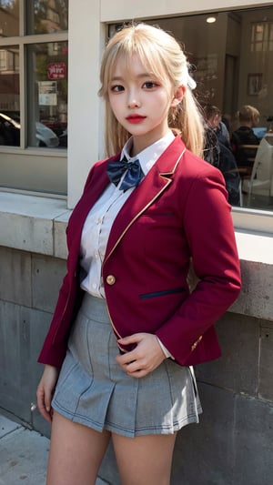 masterpiece, best quality, highres, 1girl, solo, long hair, blonde hair, hair ribbon, bangs, blue eyes, blue bowtie, collared shirt, red blazer, (red jacket), long sleeves, pleated skirt, white skirt, hand on hip, building, standing, cowboy shot,