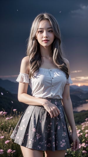 Masterpiece, highest quality,Ultra-high resolution, One girl, (colorful),(Beautifully detailed eyes and face),Cinema Lighting,Bust Shot,Highly detailed CG Unity 8k wallpaper,Gray Hair,alone,smile,Complex skirt,((Flying petals)),(Flowery meadow), null, cloudy_null, building, moon光, moon, night, (Dark Theme:1.3), Light, Fantasy,
