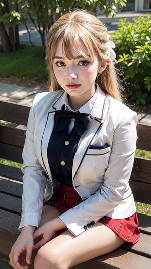 masterpiece, best quality, highres, 1girl, solo, long hair, blonde hair, hair ribbon, bangs, blue eyes, blue bowtie, collared shirt, red blazer, (red jacket), long sleeves, pleated skirt, white skirt, sitting, outdoors, bench, waving, smile, open mouth,